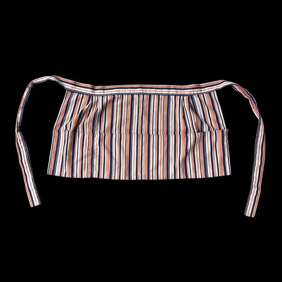 Vintage Handmade Apron Multiple Pockets Striped Blue Orange Smock Tie Back - Picture 2 of 7